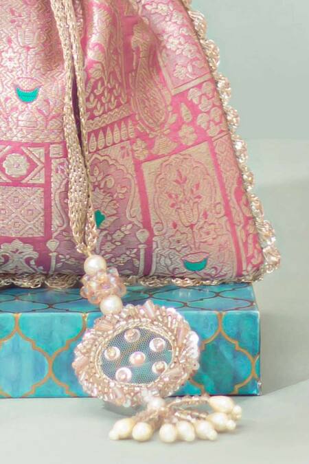 Shop_Amyra_Pink Beads, Zari Anouk Pure Banarasi Silk Potli_Online_at_Aza_Fashions