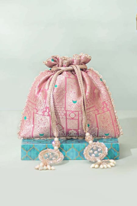 Amyra Pink Beads, Zari Anouk Pure Banarasi Silk Potli 