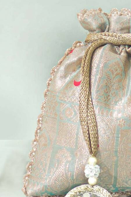 Amyra_Blue Beads Anouk Pure Banarasi Silk Potli _Online_at_Aza_Fashions