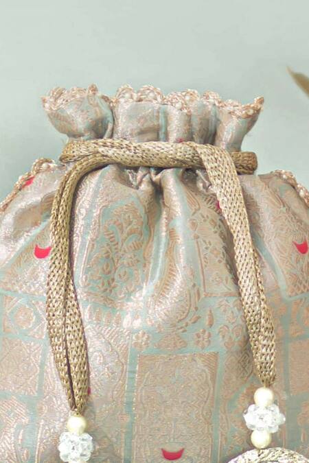 Amyra_Blue Beads Anouk Pure Banarasi Silk Potli _at_Aza_Fashions