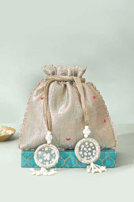 Amyra Blue Beads Anouk Pure Banarasi Silk Potli 