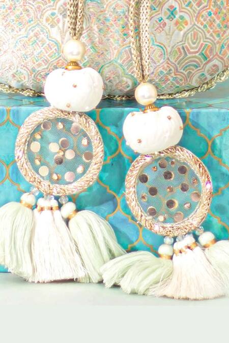 Shop_Amyra_Multi Color Tassels, Pearls Chakori Pure Banarasi Silk Potli _Online_at_Aza_Fashions