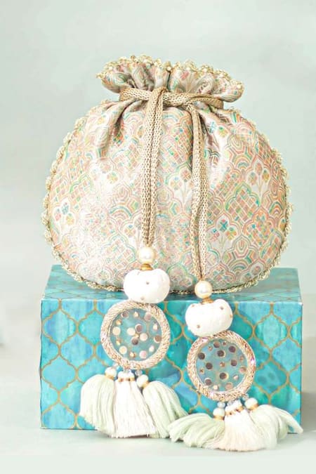 Amyra Multi Color Tassels, Pearls Chakori Pure Banarasi Silk Potli 