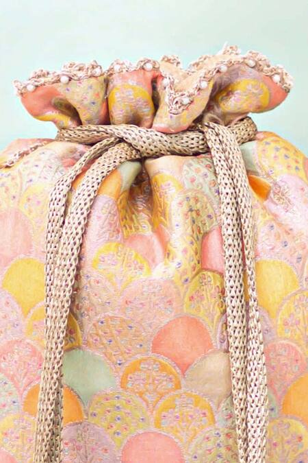 Amyra_Multi Color Pearls, Tassels Manjari Pure Banarasi Silk Potli _Online_at_Aza_Fashions