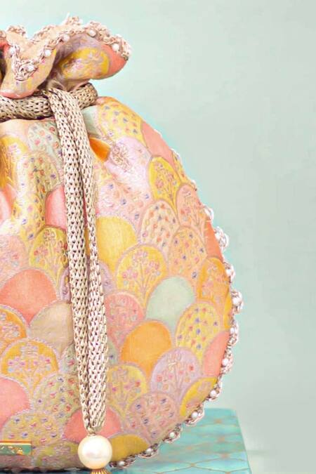 Buy_Amyra_Multi Color Pearls, Tassels Manjari Pure Banarasi Silk Potli _Online_at_Aza_Fashions