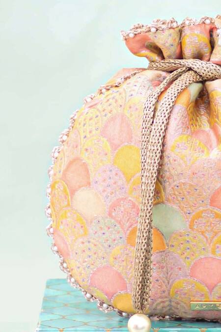 Shop_Amyra_Multi Color Pearls, Tassels Manjari Pure Banarasi Silk Potli _Online_at_Aza_Fashions