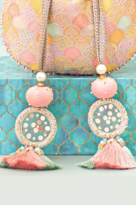 Amyra_Multi Color Pearls, Tassels Manjari Pure Banarasi Silk Potli _at_Aza_Fashions