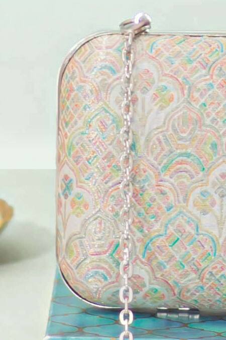 Amyra_Multi Color Embroidery Chakori Pure Banarasi Silk Box Clutch_Online_at_Aza_Fashions