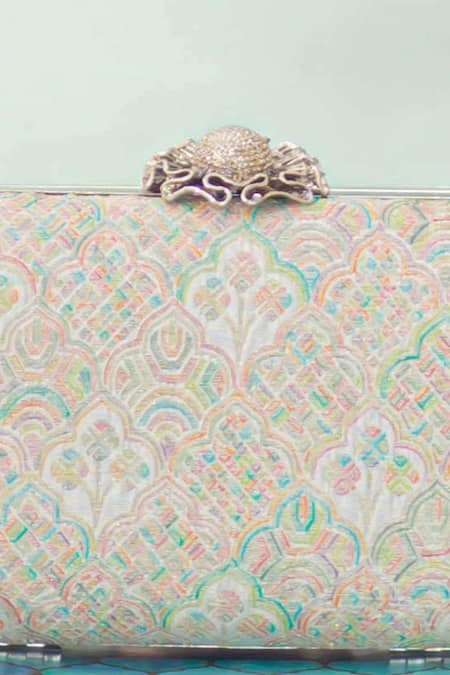 Shop_Amyra_Multi Color Embroidery Chakori Pure Banarasi Silk Box Clutch_Online_at_Aza_Fashions