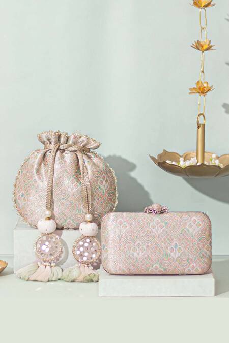 Amyra_Multi Color Embroidery Chakori Pure Banarasi Silk Box Clutch_at_Aza_Fashions