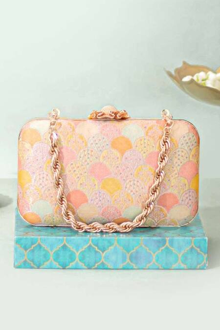 Shop Amyra Multi Color Embroidery Manjari Pure Banarasi Silk Box Clutch at Aza Fashions Shop_Amyra_Multi Color Embroidery Manjari Pure Banarasi Silk Box Clutch_at_Aza_Fashions