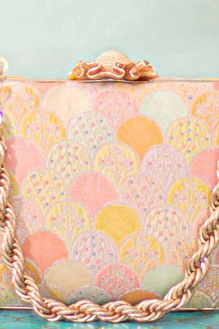 Shop Amyra Multi Color Embroidery Manjari Pure Banarasi Silk Box Clutch Online at Aza Fashions Shop_Amyra_Multi Color Embroidery Manjari Pure Banarasi Silk Box Clutch_Online_at_Aza_Fashions