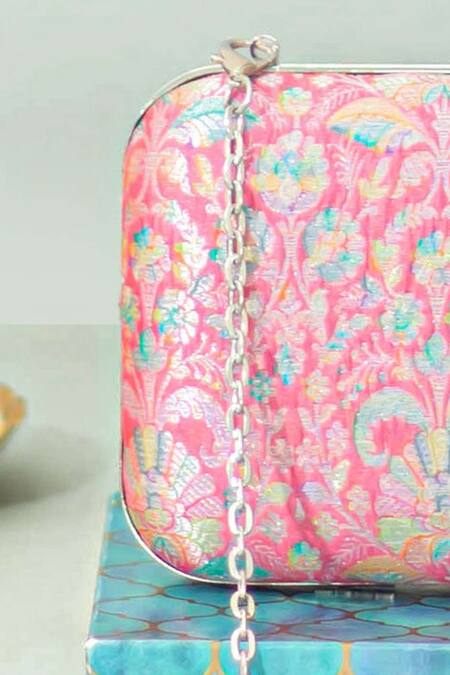 Amyra_Multi Color Embroidery Ridhi Pure Banarasi Silk Box Clutch _Online_at_Aza_Fashions