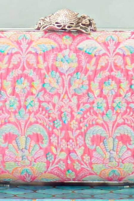 Shop_Amyra_Multi Color Embroidery Ridhi Pure Banarasi Silk Box Clutch _Online_at_Aza_Fashions