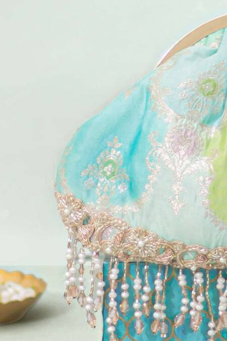 Amyra_Blue Embroidery, Crystals Abstract Art Banarasi Vintage Purse _Online_at_Aza_Fashions