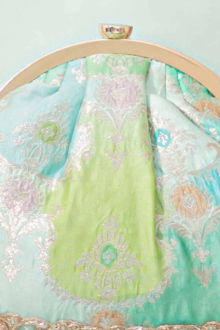 Shop_Amyra_Blue Embroidery, Crystals Abstract Art Banarasi Vintage Purse _Online_at_Aza_Fashions