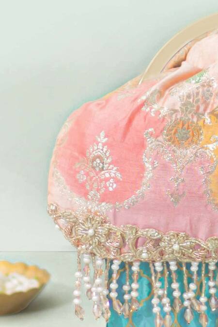Shop Amyra Peach Embroidery, Crystals Abstract Art Banarasi Vintage Purse Online at Aza Fashions Shop_Amyra_Peach Embroidery, Crystals Abstract Art Banarasi Vintage Purse _Online_at_Aza_Fashions