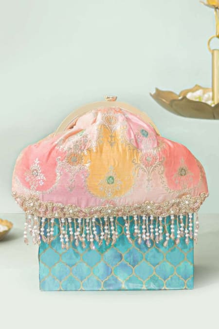 Shop Amyra Peach Embroidery, Crystals Abstract Art Banarasi Vintage Purse at Aza Fashions Shop_Amyra_Peach Embroidery, Crystals Abstract Art Banarasi Vintage Purse _at_Aza_Fashions