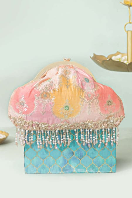 Amyra Peach Embroidery, Crystals Abstract Art Banarasi Vintage Purse