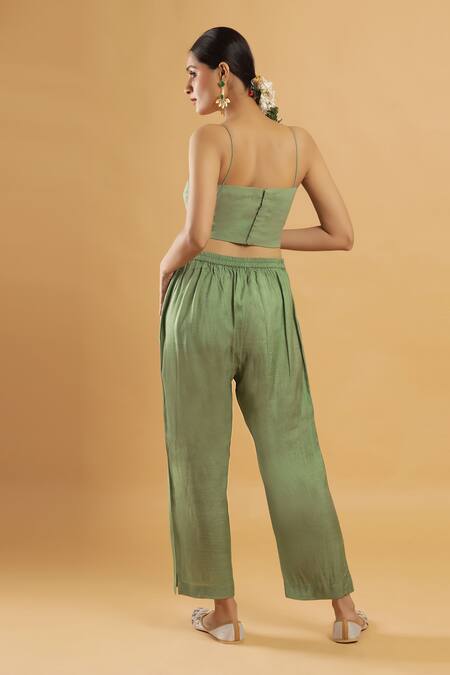 Buy_Bha Sha_Olive Green Georgette, Shantoon Embroidery, Tassels Gotta Patti Kurta And Pant Set _Online_at_Aza_Fashions