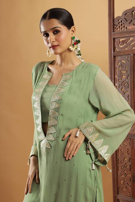 Shop_Bha Sha_Olive Green Georgette, Shantoon Embroidery, Tassels Gotta Patti Kurta And Pant Set _Online_at_Aza_Fashions