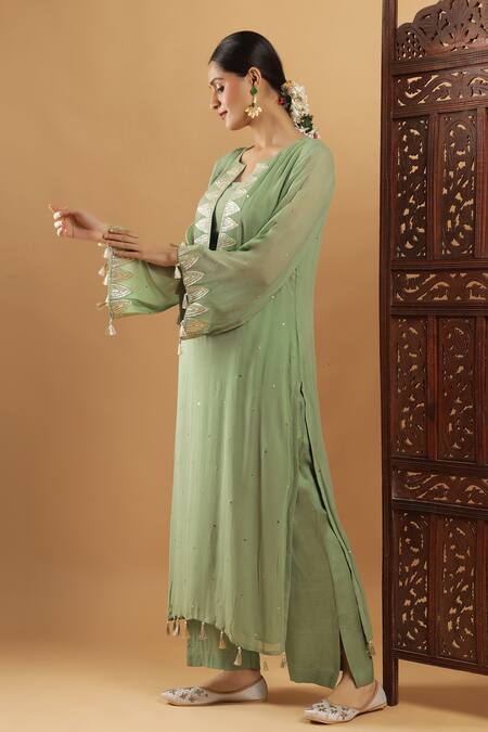 Buy_Bha Sha_Olive Green Georgette, Shantoon Embroidery, Tassels Gotta Patti Kurta And Pant Set 