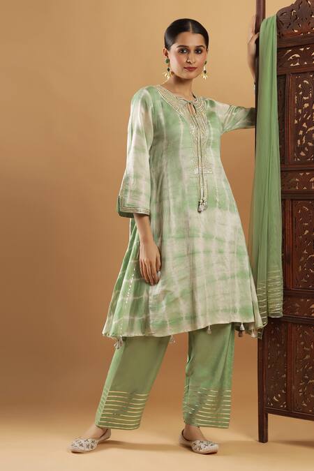 Bha Sha_Olive Green Chanderi, Shantoon, Net Gota Patti Keyhole Neck Kurta Set _Online_at_Aza_Fashions