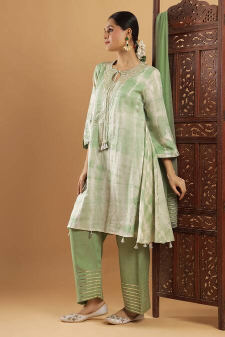 Buy_Bha Sha_Olive Green Chanderi, Shantoon, Net Gota Patti Keyhole Neck Kurta Set _Online_at_Aza_Fashions