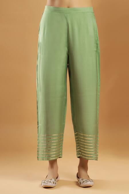 Shop_Bha Sha_Olive Green Chanderi, Shantoon, Net Gota Patti Keyhole Neck Kurta Set _Online_at_Aza_Fashions