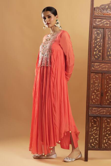 Bha Sha_Orange Georgette, Shantoon Round Neck Designer Zardozi Work Kurta And Pant Set _Online_at_Aza_Fashions