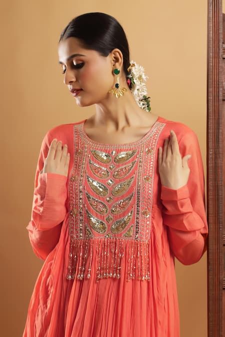 Buy_Bha Sha_Orange Georgette, Shantoon Round Neck Designer Zardozi Work Kurta And Pant Set _Online_at_Aza_Fashions
