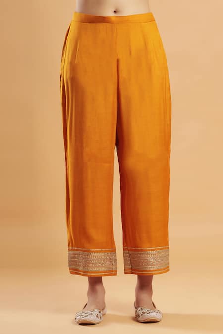 Bha Sha_Yellow Georgette, Shantoon, Net Gota Patti Round Neck Marigold Kurta Set _Online_at_Aza_Fashions