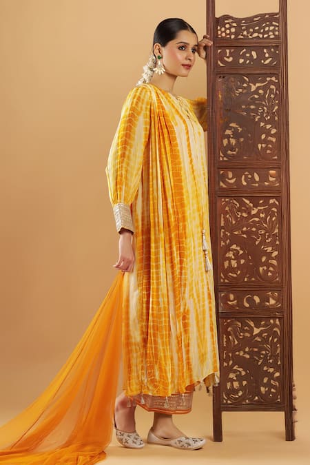 Shop_Bha Sha_Yellow Georgette, Shantoon, Net Gota Patti Round Neck Marigold Kurta Set _Online_at_Aza_Fashions