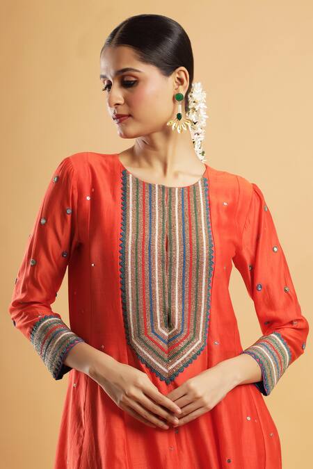 Buy_Bha Sha_Orange Chanderi, Shantoon, Net Beads Round Neck Kalindi Anarkali Set _Online_at_Aza_Fashions
