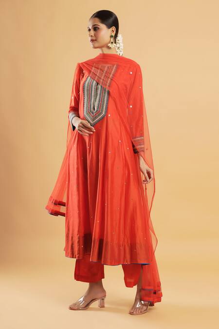 Shop_Bha Sha_Orange Chanderi, Shantoon, Net Beads Round Neck Kalindi Anarkali Set _Online_at_Aza_Fashions