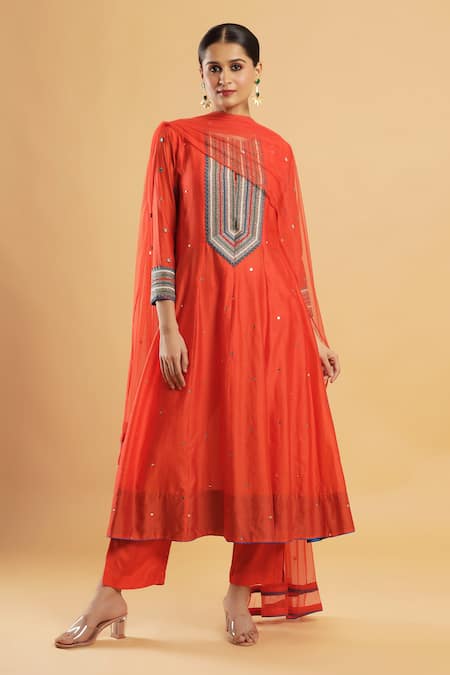 Bha Sha Orange Chanderi, Shantoon, Net Beads Round Neck Kalindi Anarkali Set 