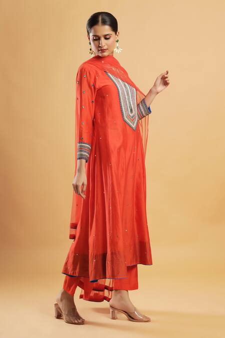 Bha Sha_Orange Chanderi, Shantoon, Net Beads Round Neck Kalindi Anarkali Set _at_Aza_Fashions