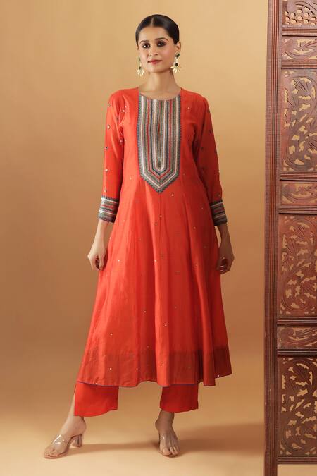 Buy_Bha Sha_Orange Chanderi, Shantoon, Net Beads Round Neck Kalindi Anarkali Set 