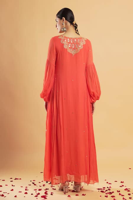 Bha Sha Crimson Orange Zardozi Work Kurta & Pant Set 