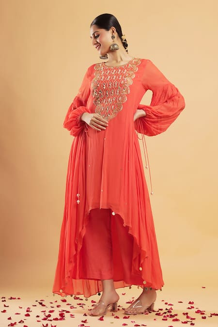 Bha Sha Crimson Orange Zardozi Work Kurta & Pant Set 