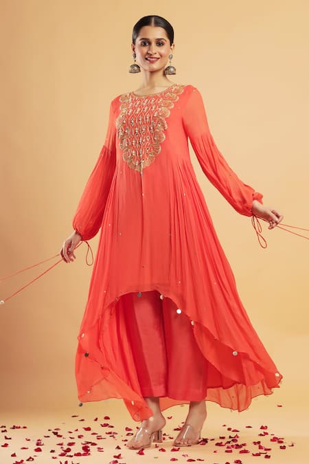 Buy_Bha Sha_Orange Georgette, Shantoon Zari, Crimson Zardozi Work Kurta And Pant Set _Online_at_Aza_Fashions