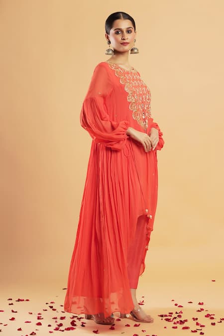 Shop_Bha Sha_Orange Georgette, Shantoon Zari, Crimson Zardozi Work Kurta And Pant Set _Online_at_Aza_Fashions