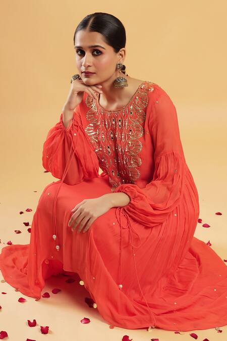 Bha Sha_Orange Georgette, Shantoon Zari, Crimson Zardozi Work Kurta And Pant Set _at_Aza_Fashions