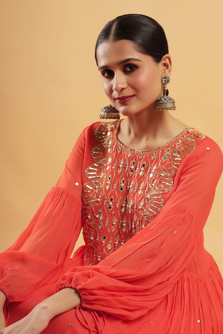 Buy_Bha Sha_Orange Georgette, Shantoon Zari, Crimson Zardozi Work Kurta And Pant Set 