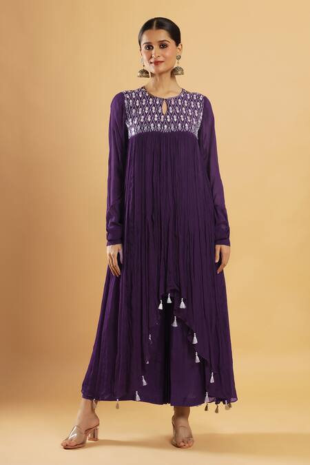 Buy_Bha Sha_Purple Chinon, Shantoon Mirrors Keyhole Neck Royal Tunic Set _Online_at_Aza_Fashions