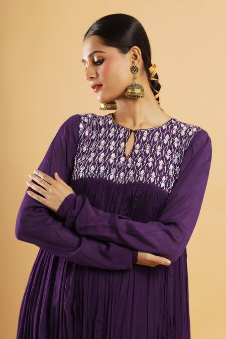 Shop_Bha Sha_Purple Chinon, Shantoon Mirrors Keyhole Neck Royal Tunic Set _Online_at_Aza_Fashions