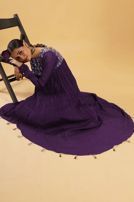 Bha Sha_Purple Chinon, Shantoon Mirrors Keyhole Neck Royal Tunic Set _at_Aza_Fashions