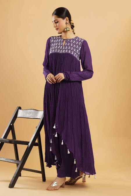 Buy_Bha Sha_Purple Chinon, Shantoon Mirrors Keyhole Neck Royal Tunic Set 