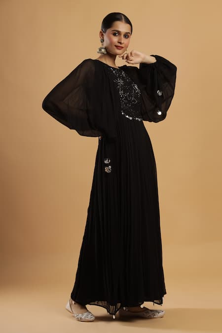 Bha Sha_Black Georgette, Net Beads Round Neck Anarkali With Dupatta _Online_at_Aza_Fashions
