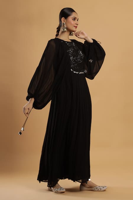 Shop_Bha Sha_Black Georgette, Net Beads Round Neck Anarkali With Dupatta _Online_at_Aza_Fashions